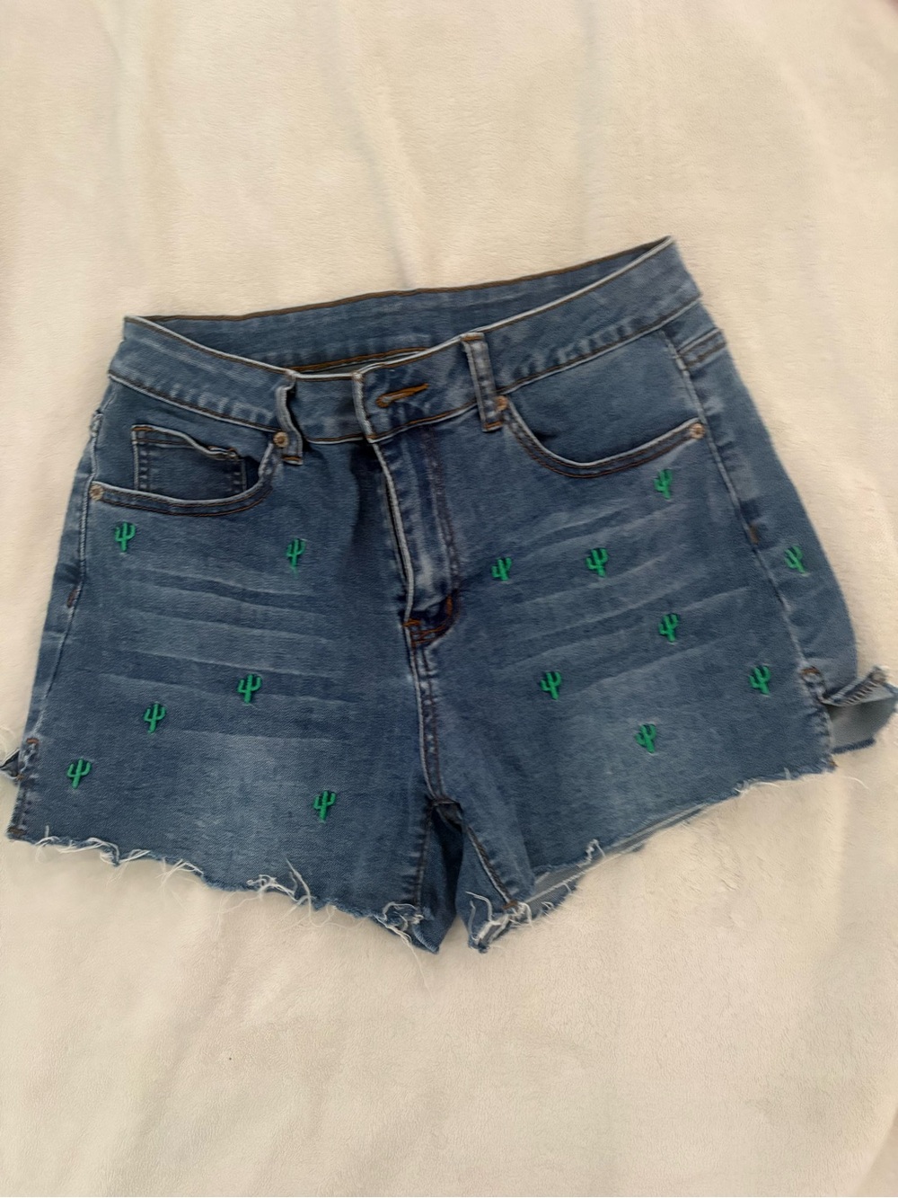 Women's High-Rise Blue Denim Shorts with Green Cactus Embroidery